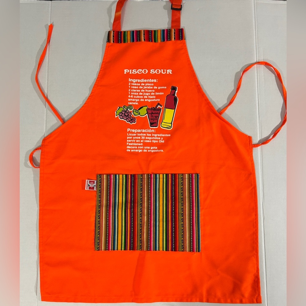 🍹 Peruvian Pisco Sour Apron – Orange with Recipe Print & Multicolor Pocket